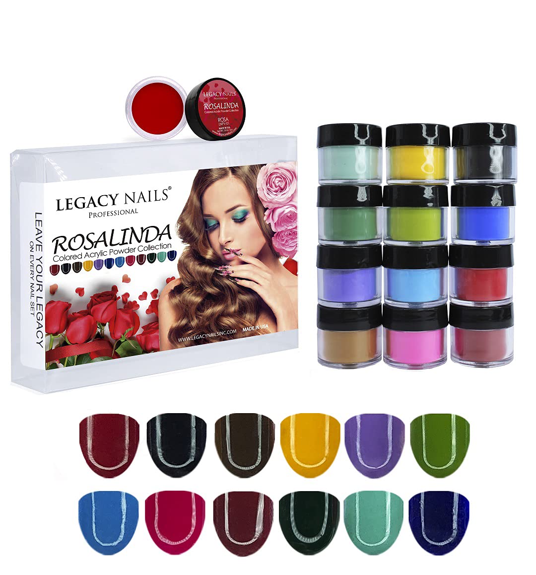 Legacy Nail Acrylic Powder ROSALINDA Collections - 12 Colors Professional Nail Art Powder Set Manicure DIY for Dip & Acrylic Nail Extensions