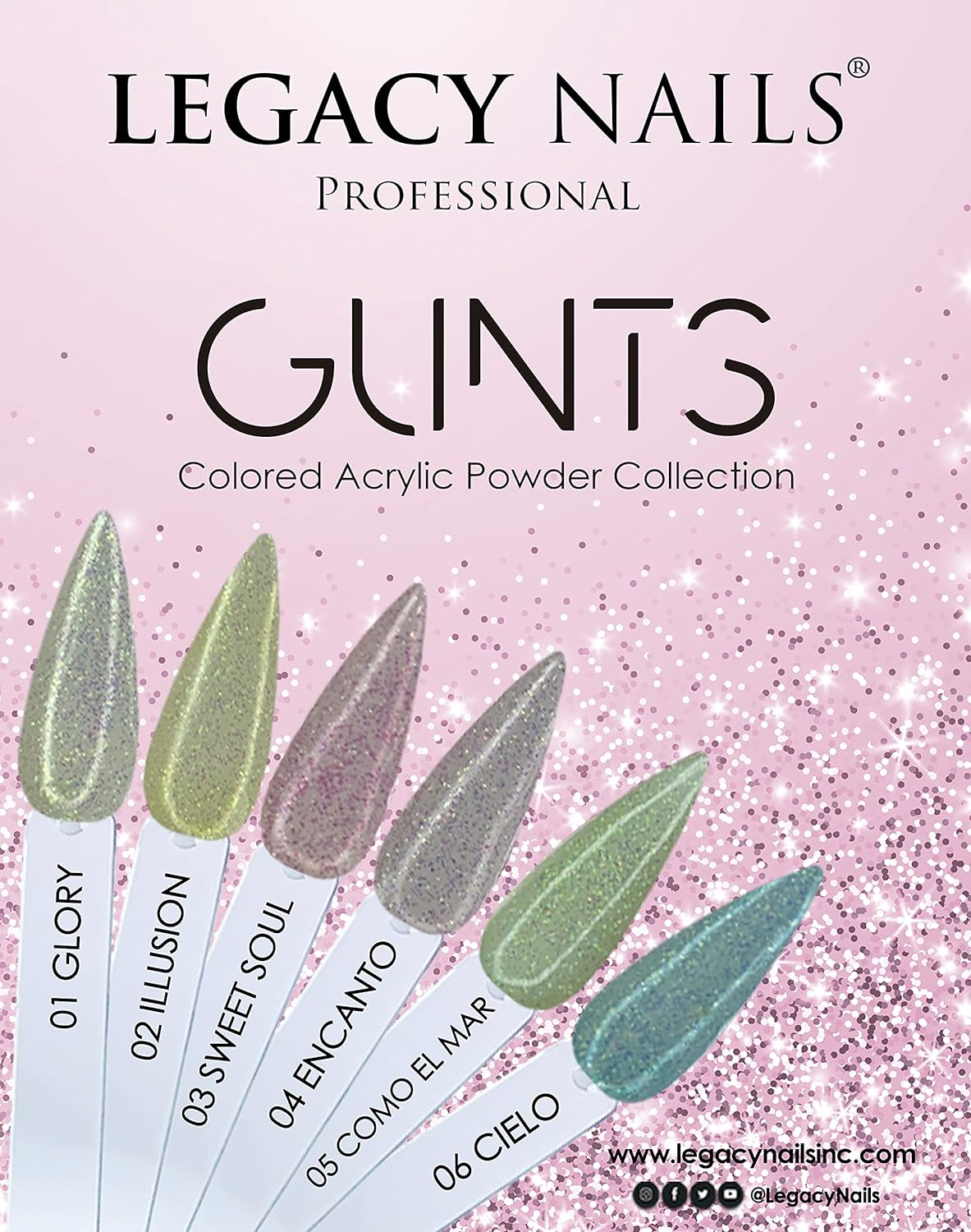 Legacy Nails Professional GLINTS COLLECTION Acrylic Powder Kit 6 Colors Nail Art