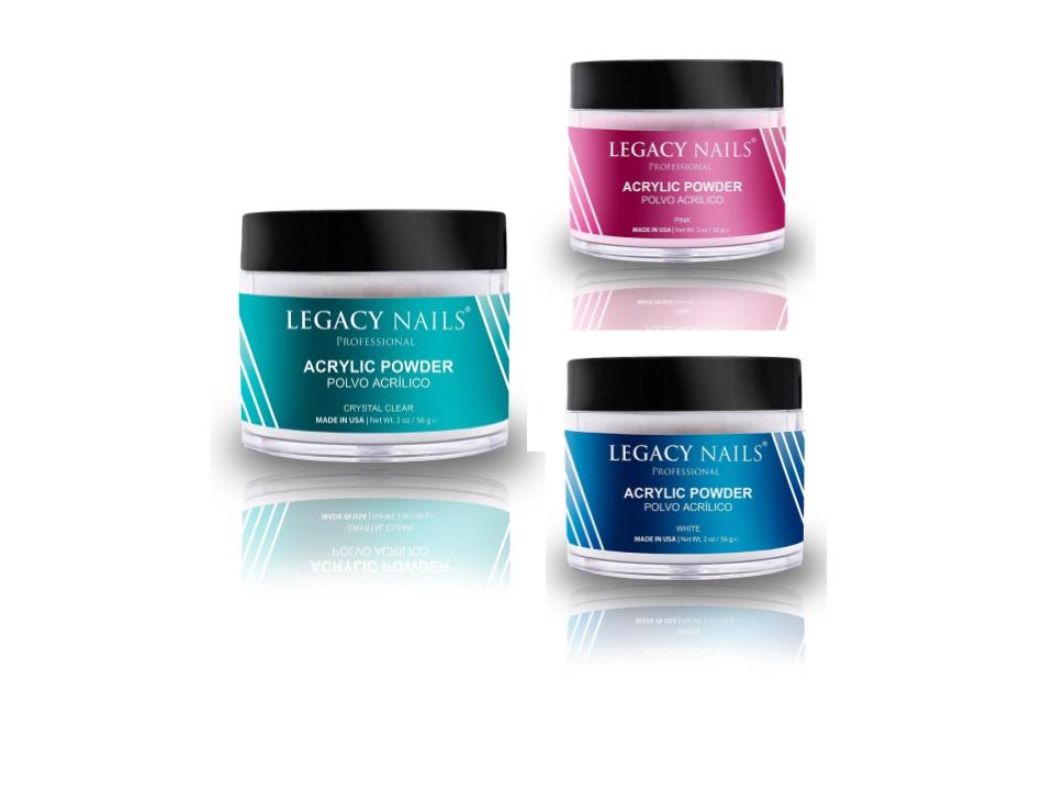 Legacy Nails Acrylic Powder 2 oz Crystal Clear, Pink & White 3pcs Set