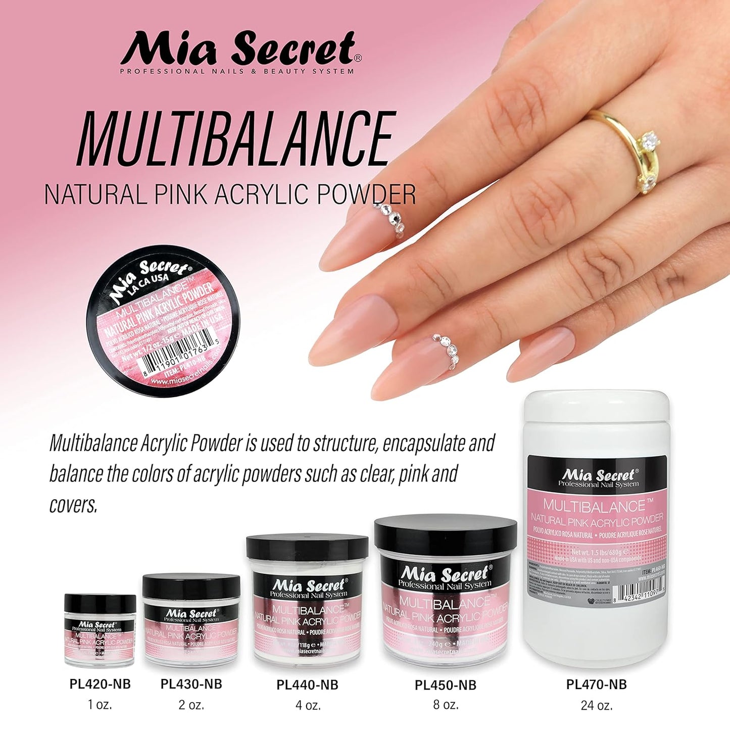 Mia Secret Acrylic Powder 2oz Multi Balance Natural Pink