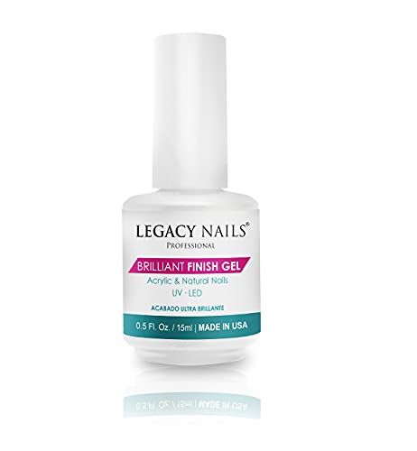 Legacy Nails Brilliant Finish Gel 0.5oz for natural, acrylic, gel, fiberglass, or silk nails. UV or LED gel-curing lamp.