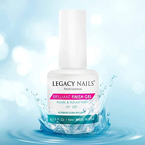 Legacy Nails Brilliant Finish Gel 0.5oz for natural, acrylic, gel, fiberglass, or silk nails. UV or LED gel-curing lamp.