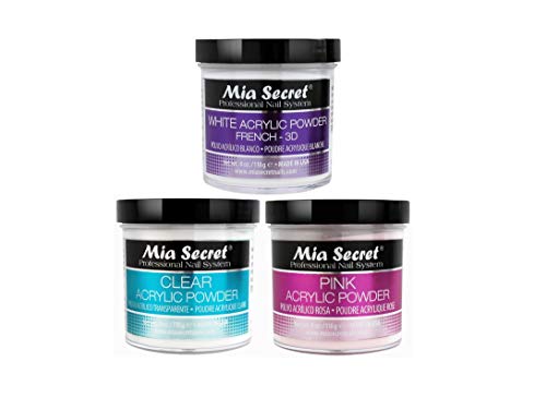 MIA SECRET Acrylic Powder 4oz 3pc Set - Pink, Clear & White - Made in USA