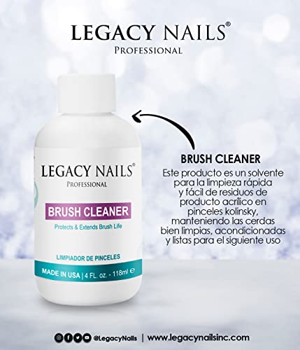 Legacy Nails Brush Cleaner 4 FL OZ – Protects & Extends Brush Life - Solvent-based - Removes Acrylic Residues of Nail Brushes - Protects Bristles from Drying and Falling Out - Acts Quickly & Effectively