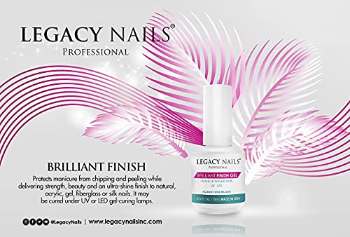 Legacy Nails Brilliant Finish Gel 0.5oz for natural, acrylic, gel, fiberglass, or silk nails. UV or LED gel-curing lamp.