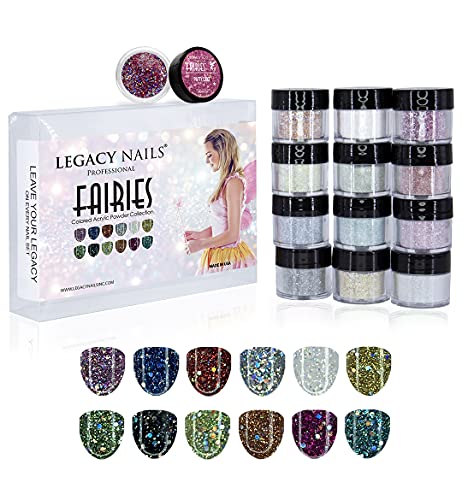 Legacy Nail Acrylic Powder FAIRIES Collections - 12 Colors Professional Nail Art Powder Set Manicure DIY for Dip & Acrylic Nail Extensions