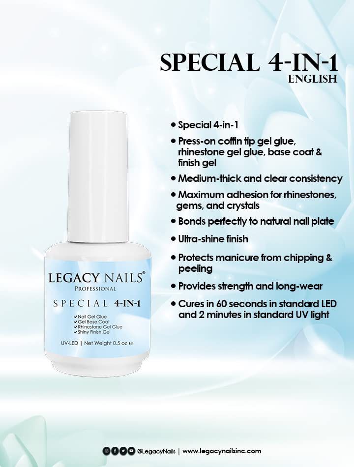 Legacy Nails Professional Special 4-in-1 Finish Gel 0.5 oz Use it as Nail Tip Gel Glue, Rig Stone Gel Glue, Base Coat & Finish Gel Ultra-Shine Finish