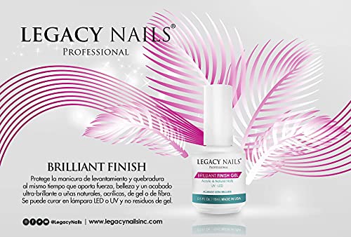 Legacy Nails Brilliant Finish Gel 0.5oz for natural, acrylic, gel, fiberglass, or silk nails. UV or LED gel-curing lamp.