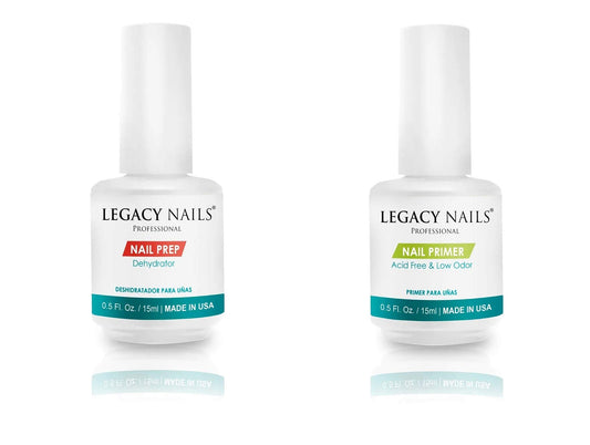 LEGACY NAILS Professional Nail Prep & Primer .5oz each Nail Prep Dehydrator and Nail Acid-Free, Low Odor Primer Set, Acid Free Primer & Dehydrate Prep, Bonding for Acrylic Powder Nail Extensions